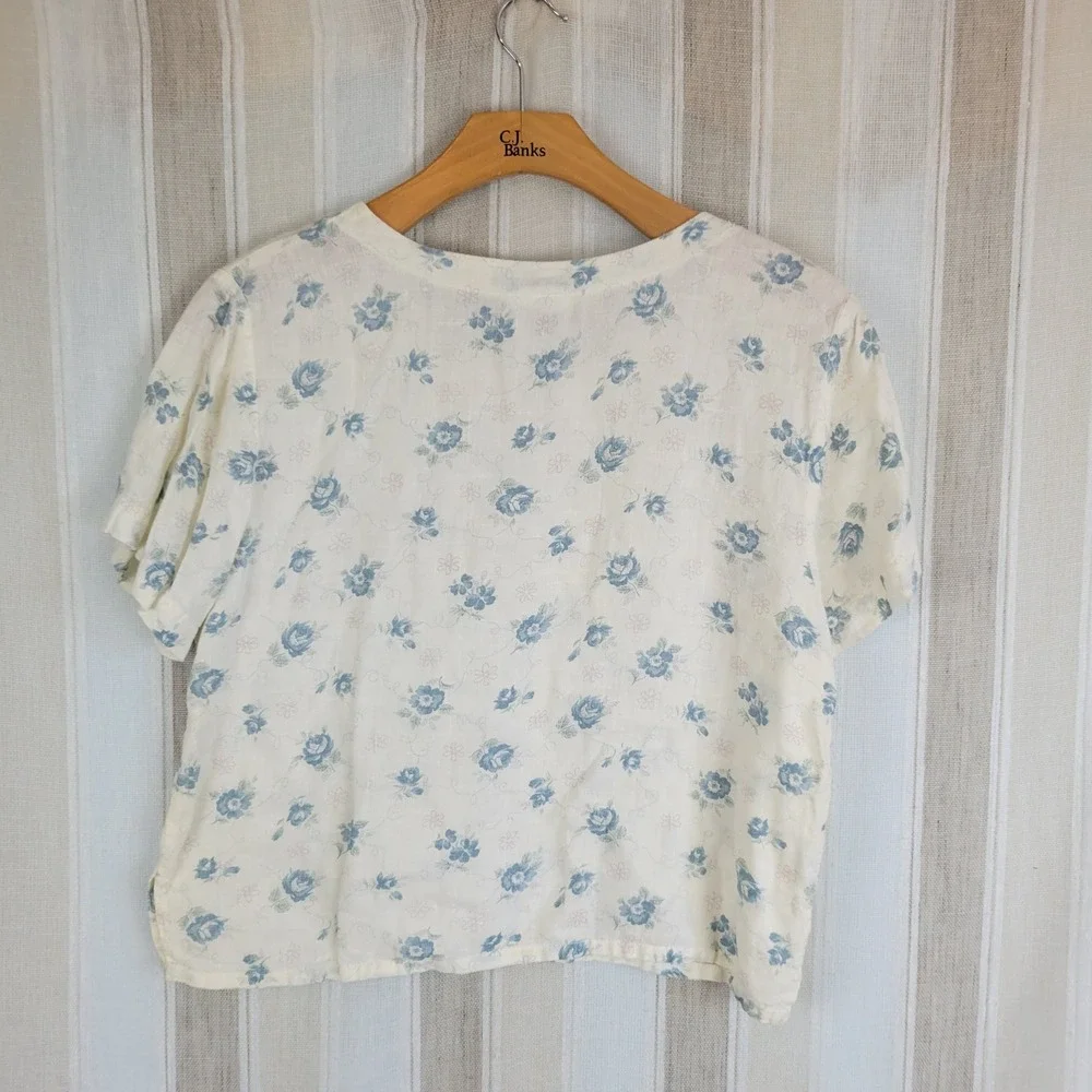 Vintage Bay Street Linen Blouse Top Floral White Blue Size Large Boxy Fit Boho - Picture 10 of 10